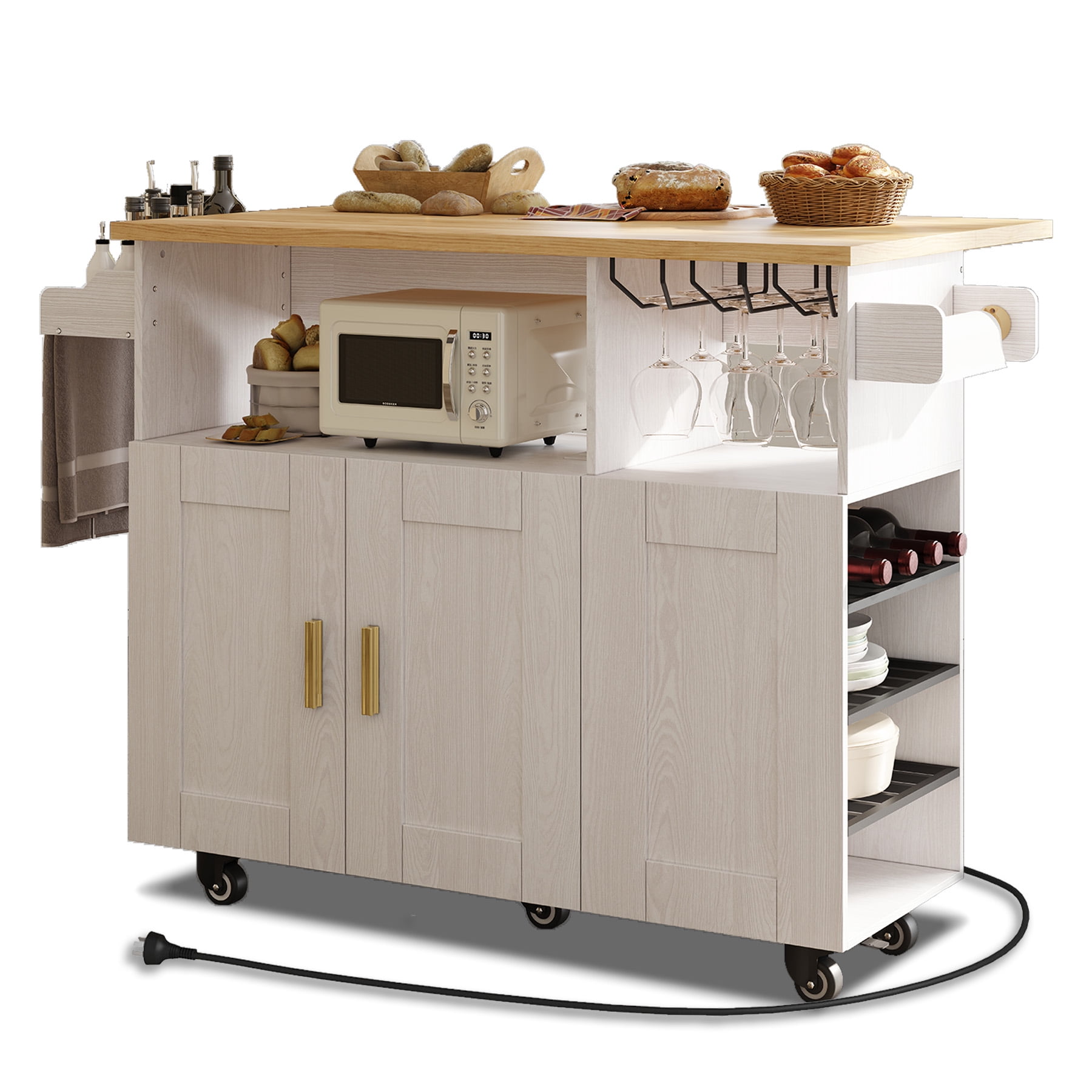 ZOPEND Rolling Mobile Kitchen Island Cart Bar with Desktop Drop Leaf Countertop, Island Cart with 5 Wheels, Power Socket and Towel Rack,White